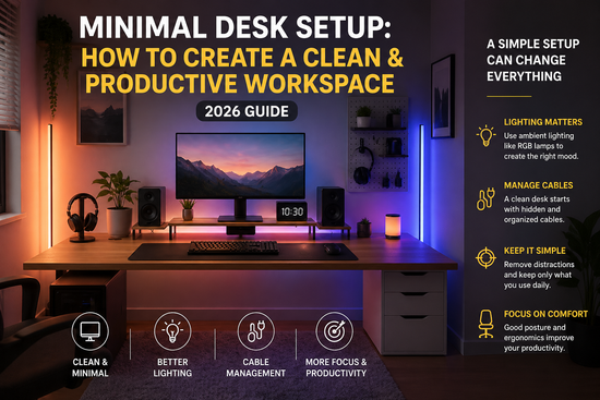 Minimal desk setup with RGB lighting, clean workspace design, cable management and modern aesthetic productivity setup 2026