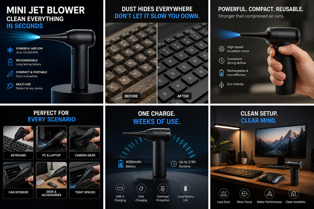 Mini jet blower cleaning keyboard and desk setup, powerful portable air duster removing dust from electronics, reusable cleaning gadget for workspace and tech devices