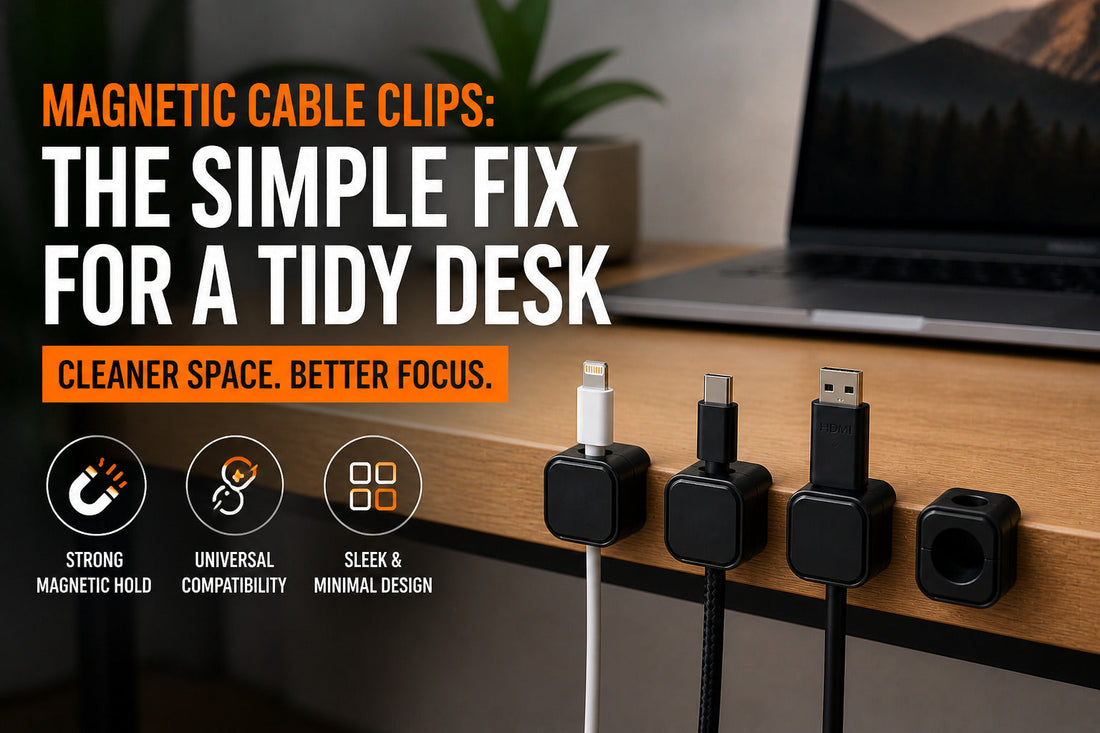 Minimal desk setup with magnetic cable clips organizing charging cables on a wooden desk, featuring a clean workspace, laptop, and focus-driven environment.