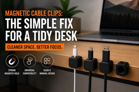 Minimal desk setup with magnetic cable clips organizing charging cables on a wooden desk, featuring a clean workspace, laptop, and focus-driven environment.