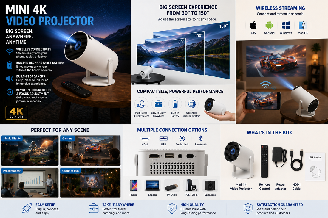Mini 4K video projector for portable home cinema, wireless movie streaming, gaming setup, and compact entertainment system