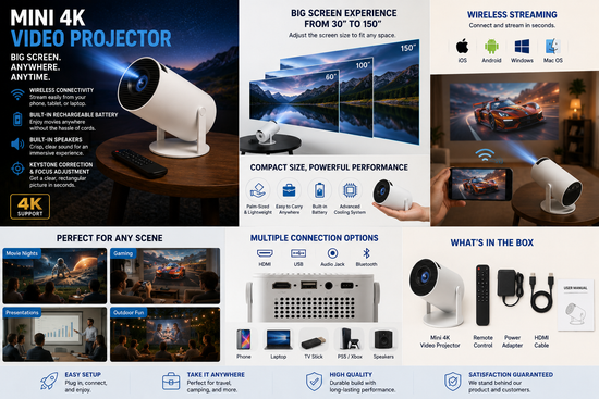 Mini 4K video projector for portable home cinema, wireless movie streaming, gaming setup, and compact entertainment system