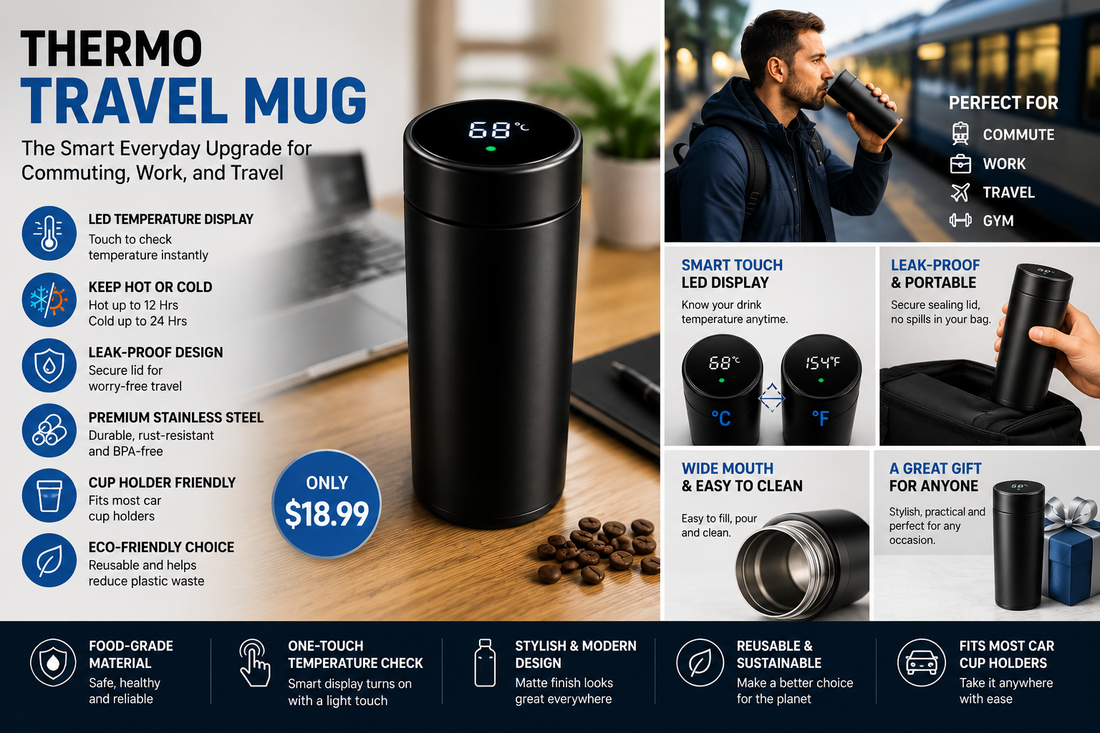 Smart thermo travel mug with LED temperature display for commuting, office work, travel, and everyday coffee use