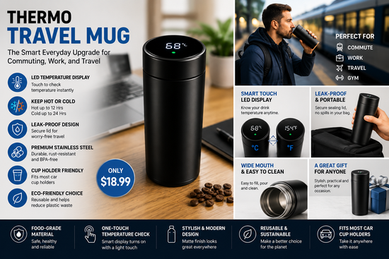 Smart thermo travel mug with LED temperature display for commuting, office work, travel, and everyday coffee use